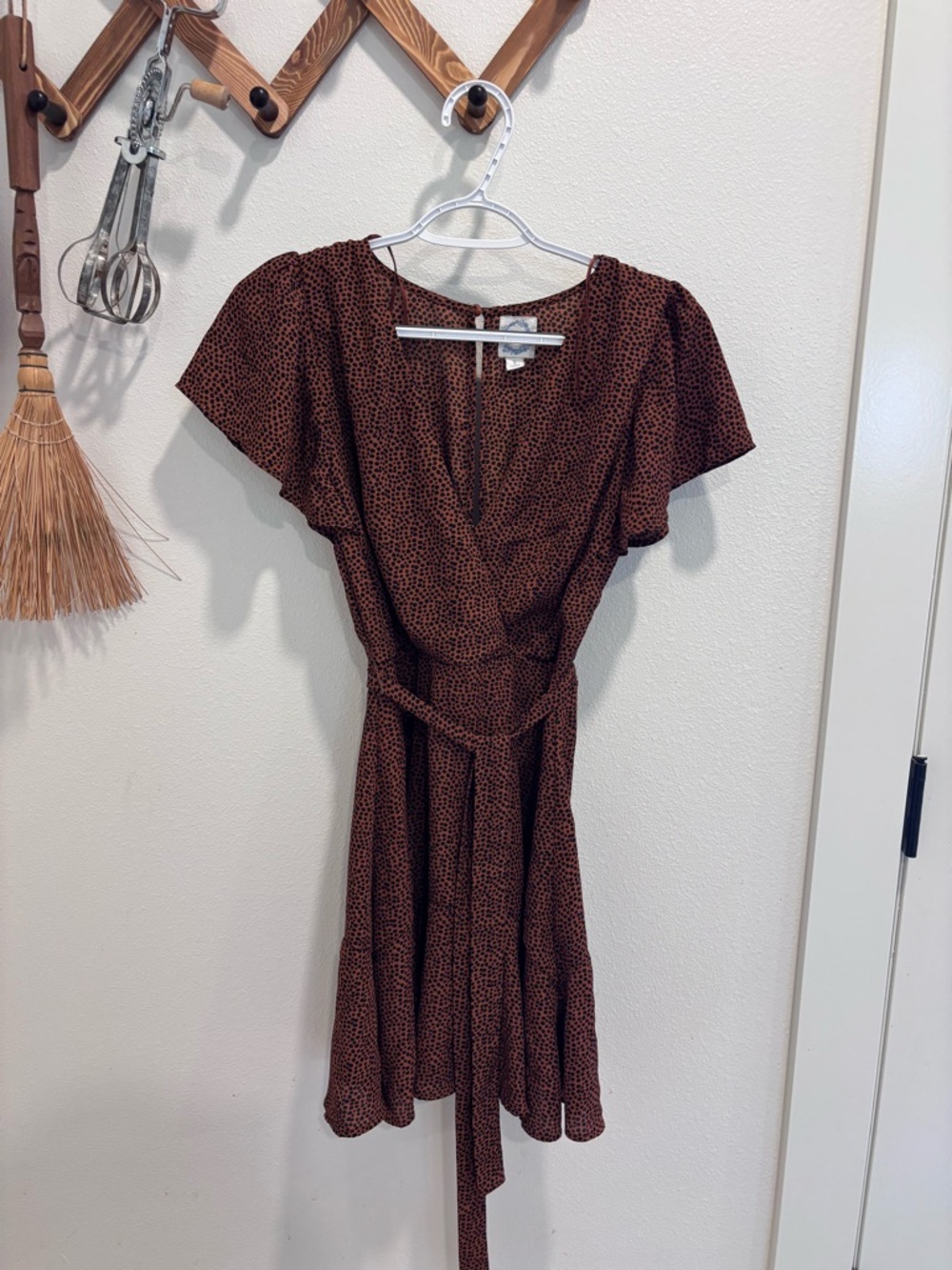 Blue Rain Brown Short Wrap Dress with Tie Waist